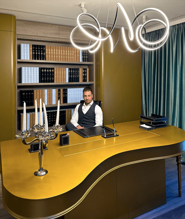 Sovereign Executive Suite — Sculptural Gold Desk & Library